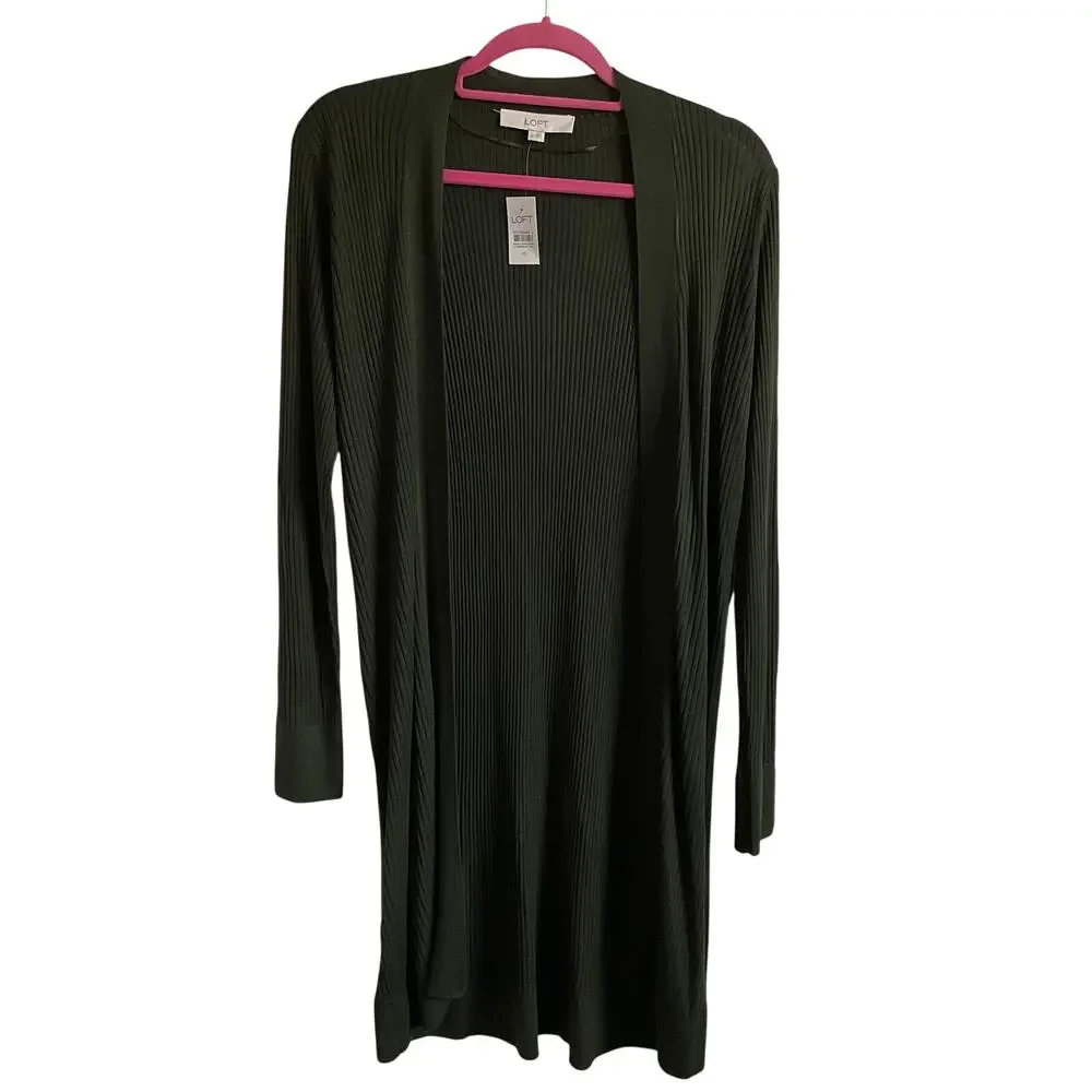 LOFT Dark Green Ribbed Longline Open Front‎ Cardigan - Size Medium - NEW